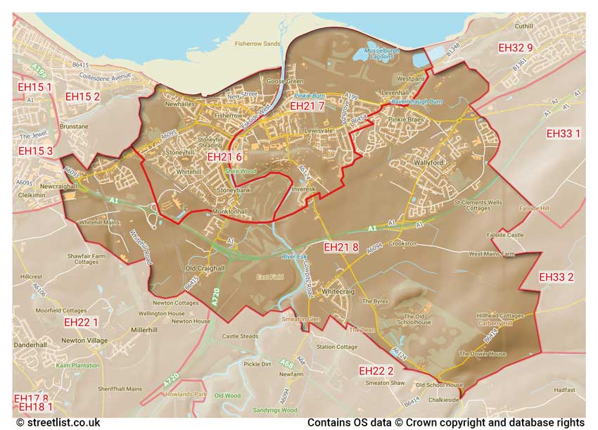 map showing postcode sectors within the EH21 district