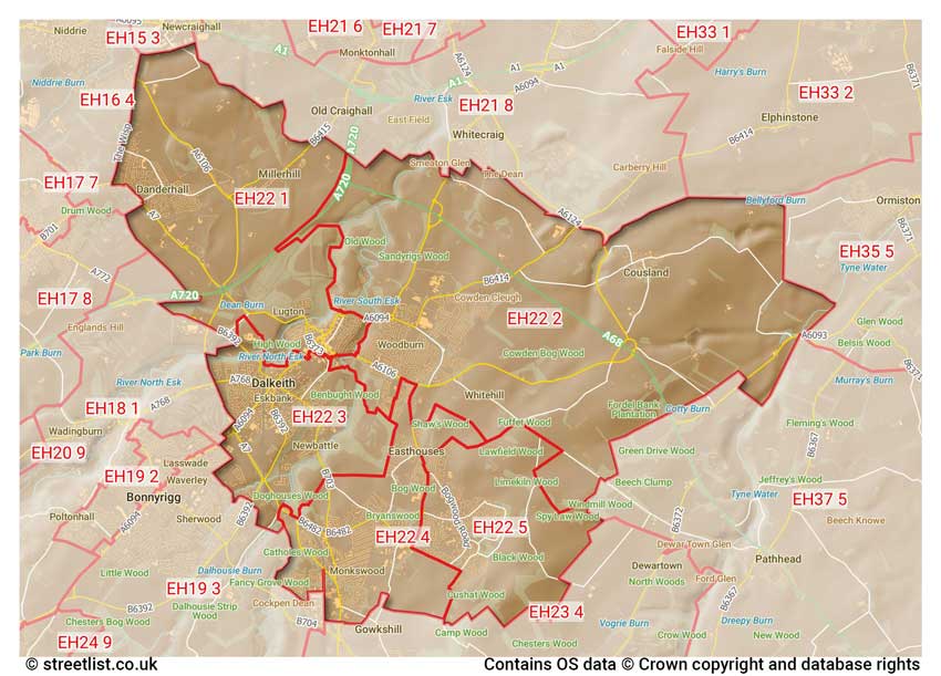 map showing postcode sectors within the EH22 district