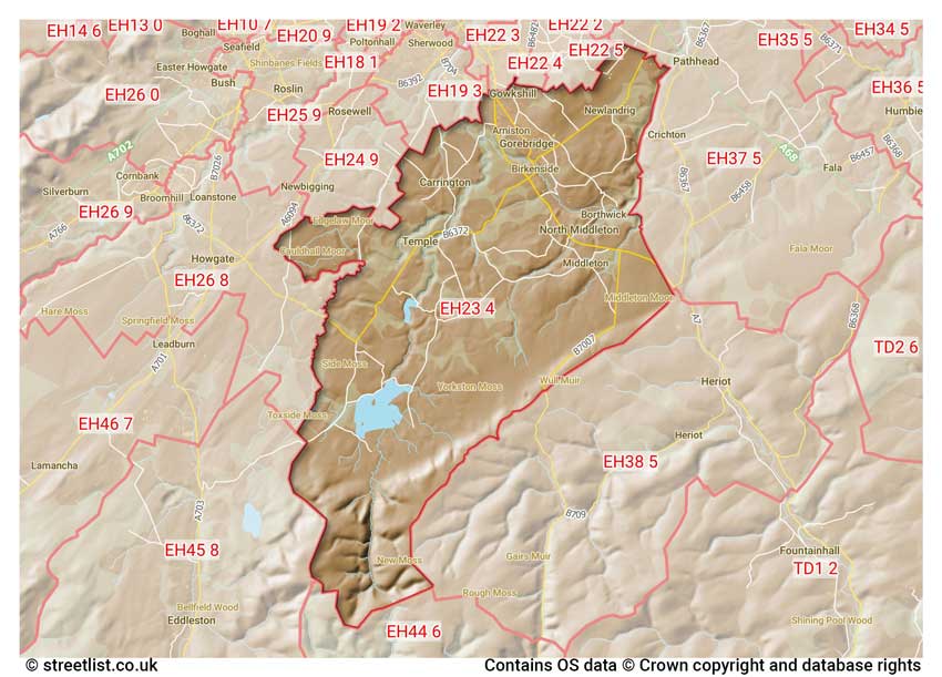 map showing postcode sectors within the EH23 district