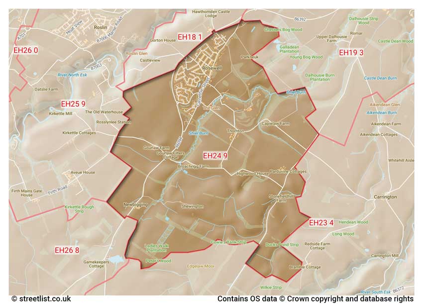 map showing postcode sectors within the EH24 district