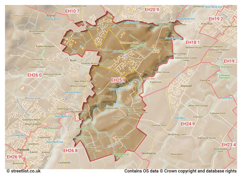 map showing postcode sectors within the EH25 district