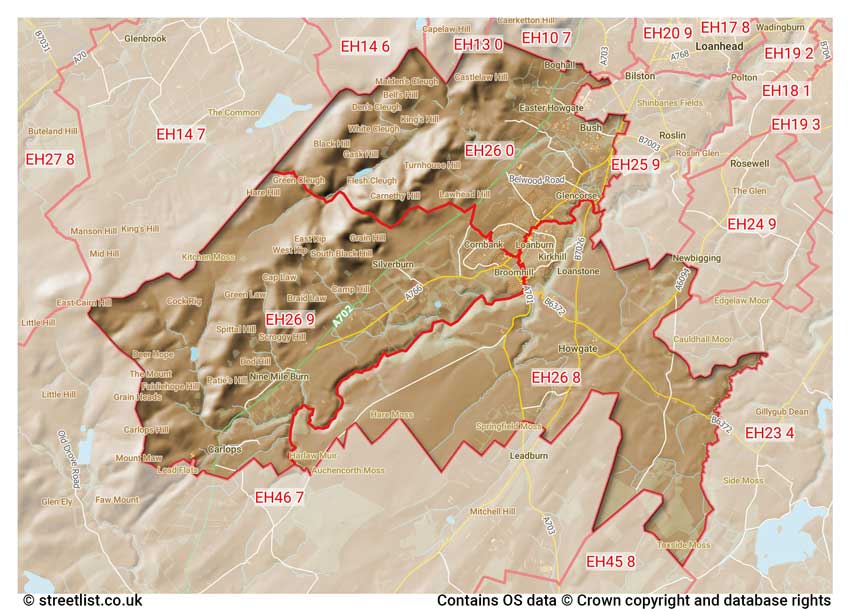 map showing postcode sectors within the EH26 district