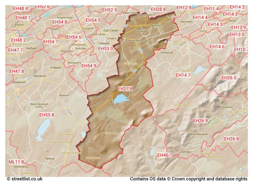 map showing postcode sectors within the EH27 district