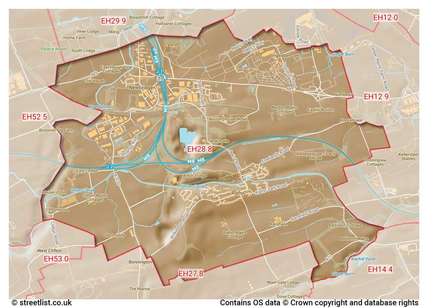 map showing postcode sectors within the EH28 district