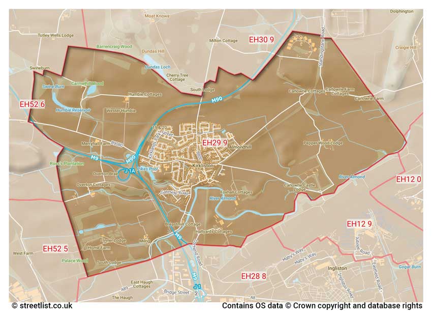 map showing postcode sectors within the EH29 district