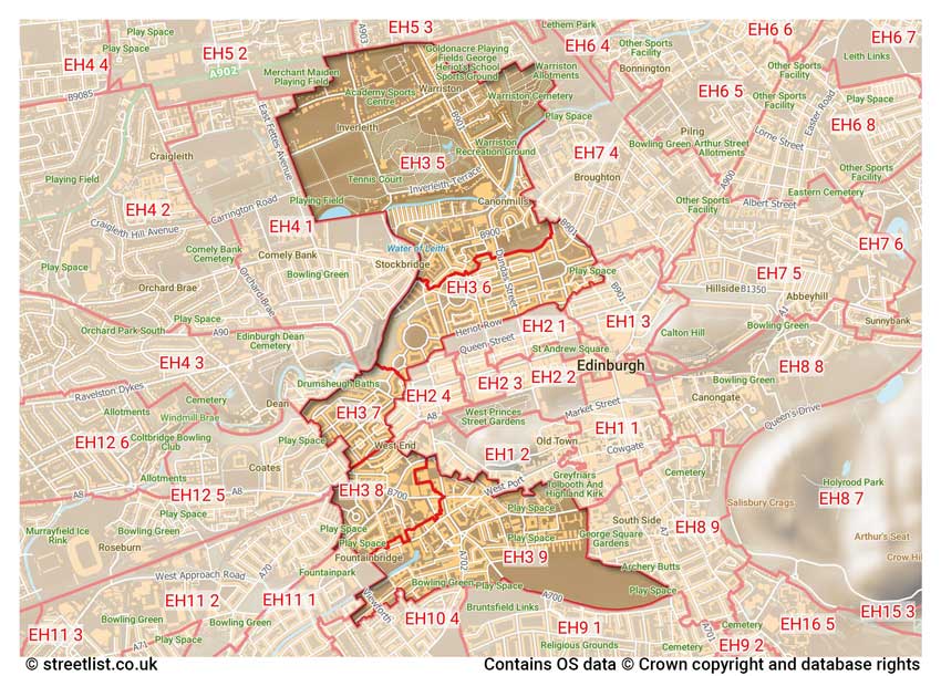 map showing postcode sectors within the EH3 district