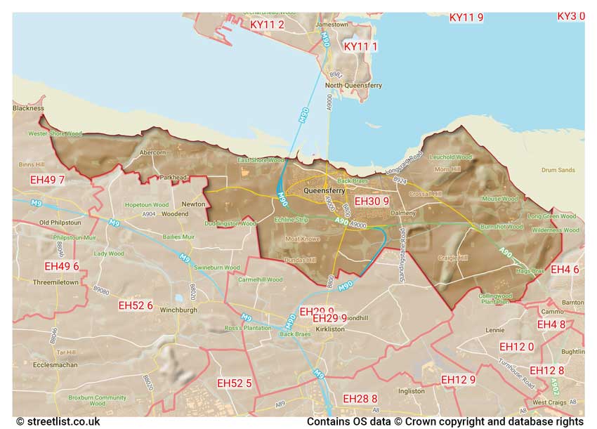 map showing postcode sectors within the EH30 district