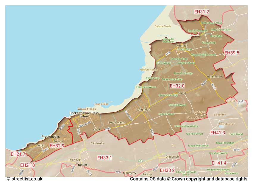 map showing postcode sectors within the EH32 district