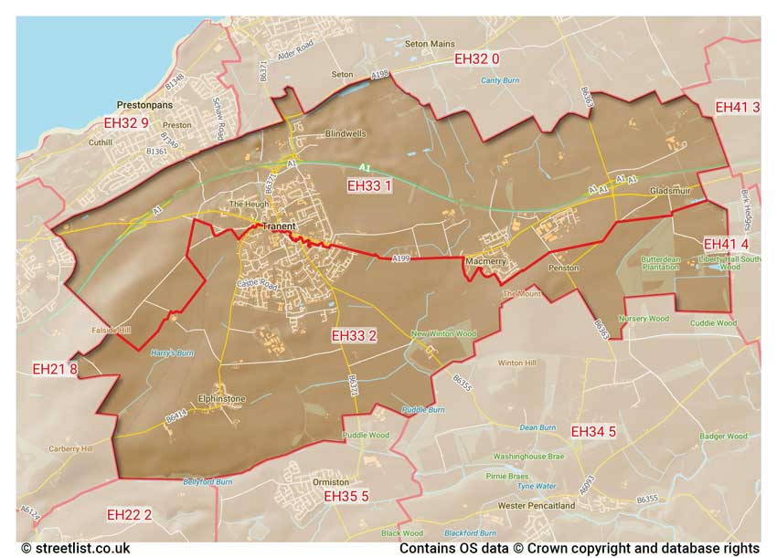 map showing postcode sectors within the EH33 district