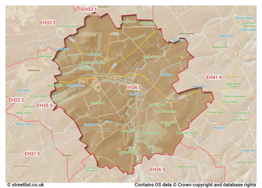 map showing postcode sectors within the EH34 district