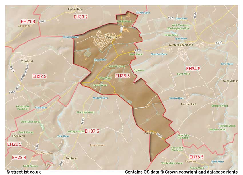 map showing postcode sectors within the EH35 district