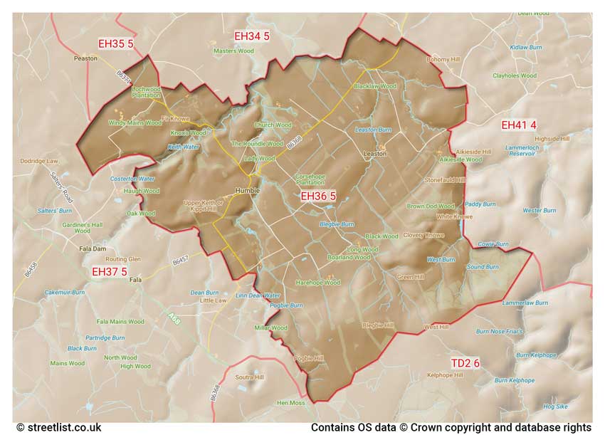 map showing postcode sectors within the EH36 district