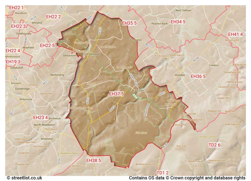 map showing postcode sectors within the EH37 district