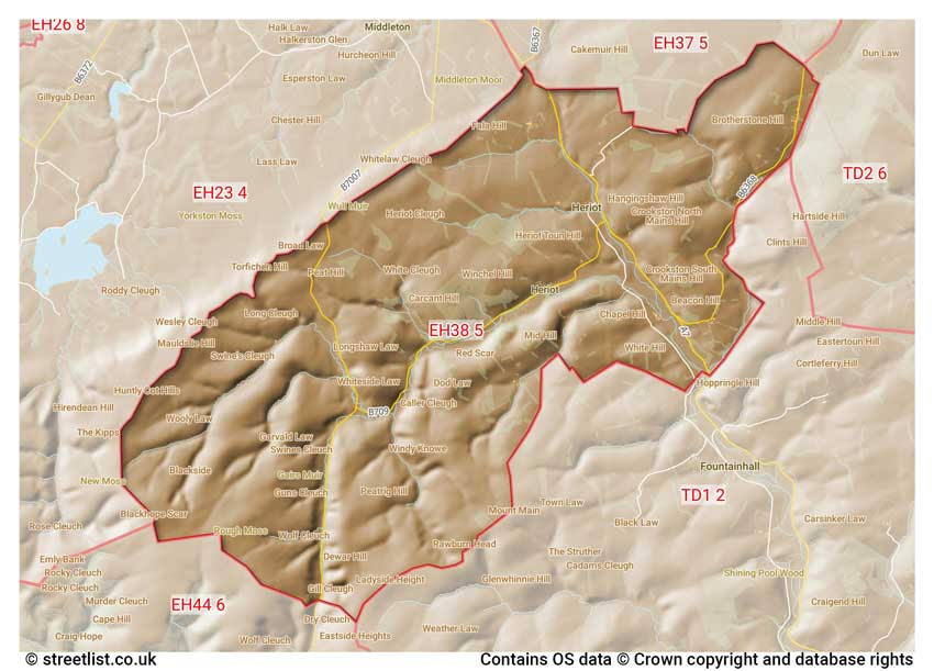 map showing postcode sectors within the EH38 district