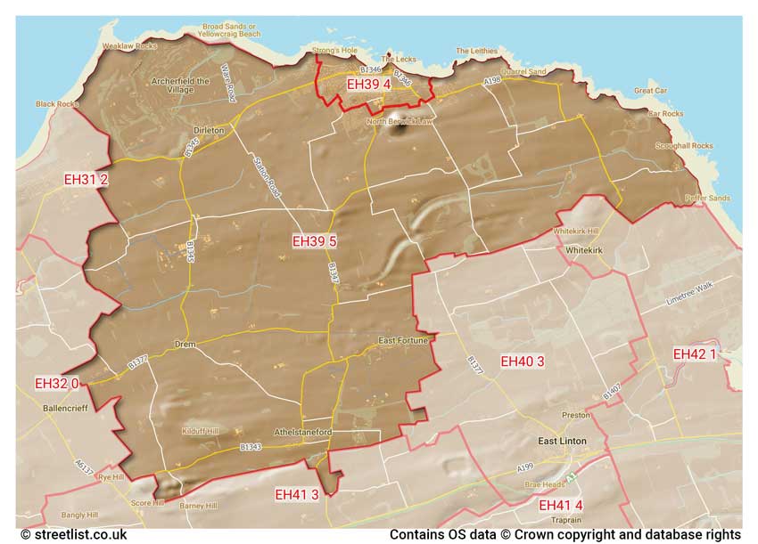 map showing postcode sectors within the EH39 district