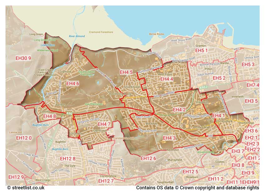 map showing postcode sectors within the EH4 district