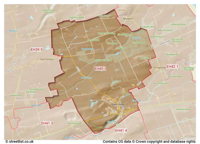 map showing postcode sectors within the EH40 district