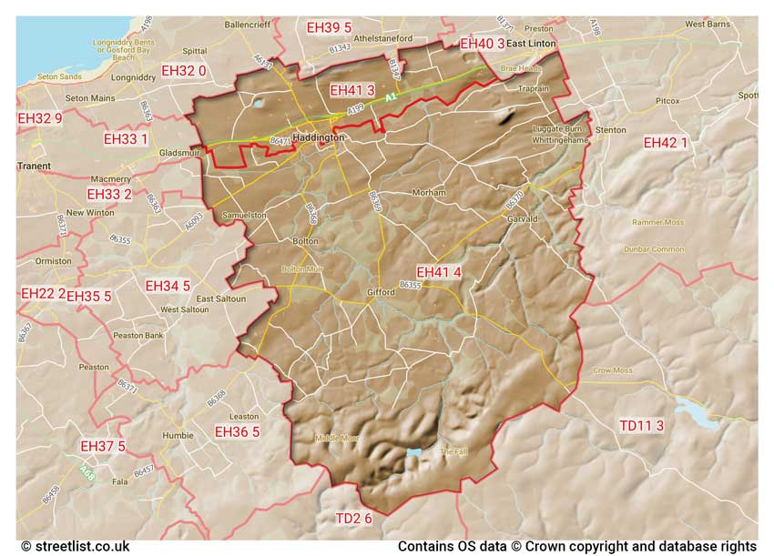 map showing postcode sectors within the EH41 district