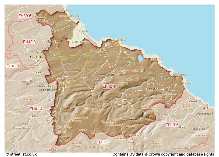 map showing postcode sectors within the EH42 district