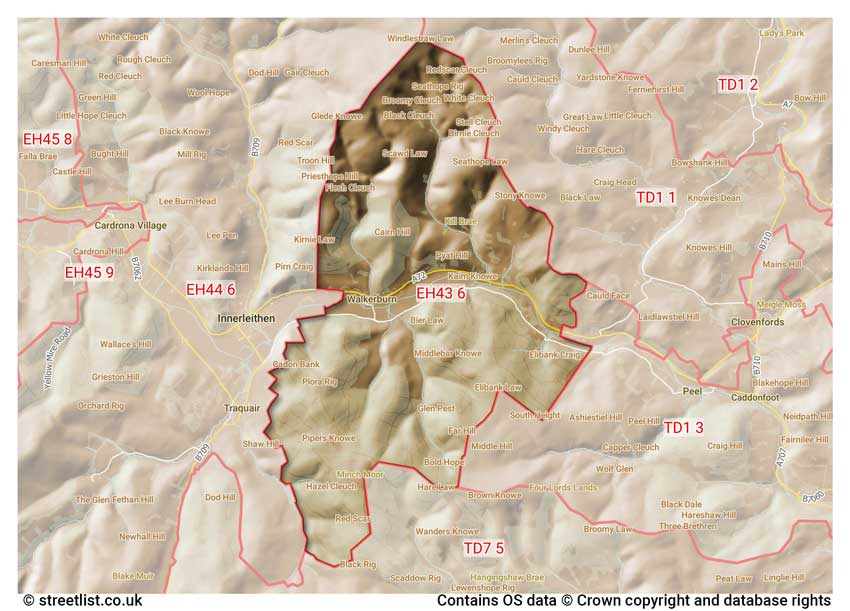 map showing postcode sectors within the EH43 district