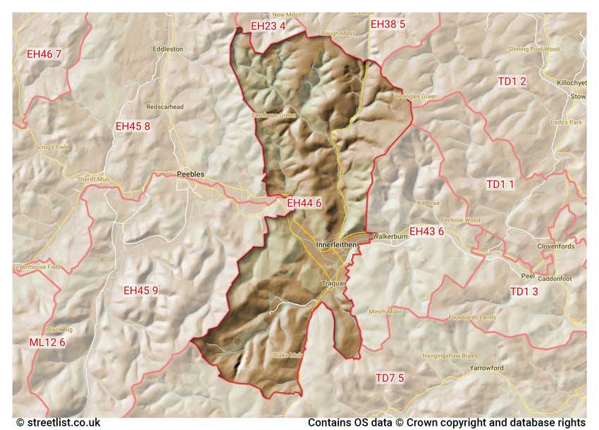 map showing postcode sectors within the EH44 district