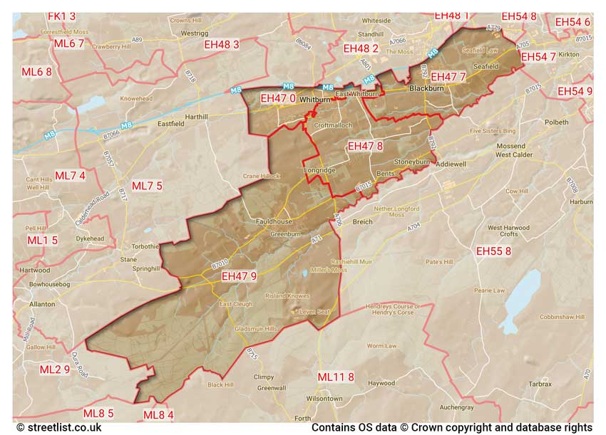 map showing postcode sectors within the EH47 district