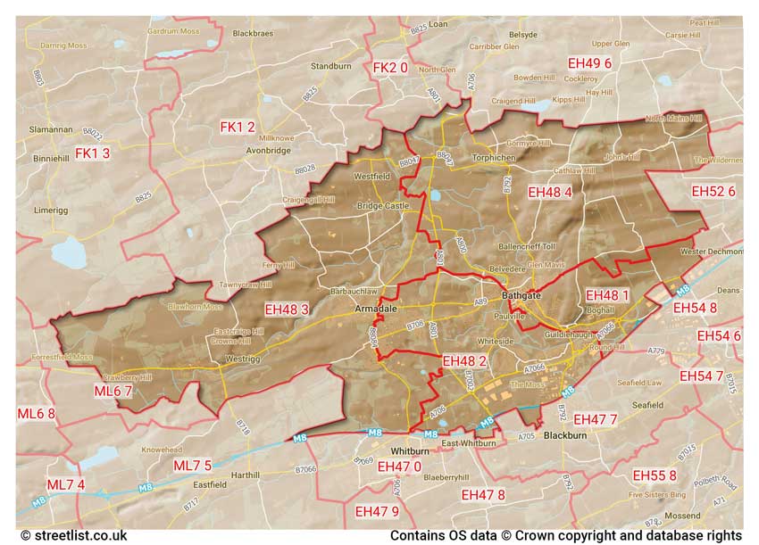 map showing postcode sectors within the EH48 district