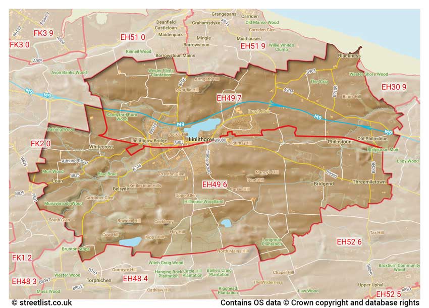 map showing postcode sectors within the EH49 district