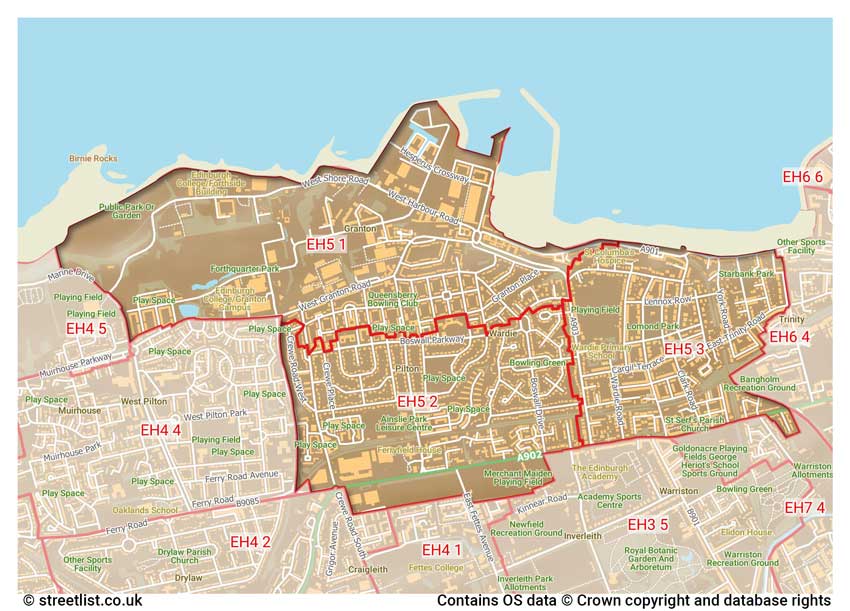 map showing postcode sectors within the EH5 district