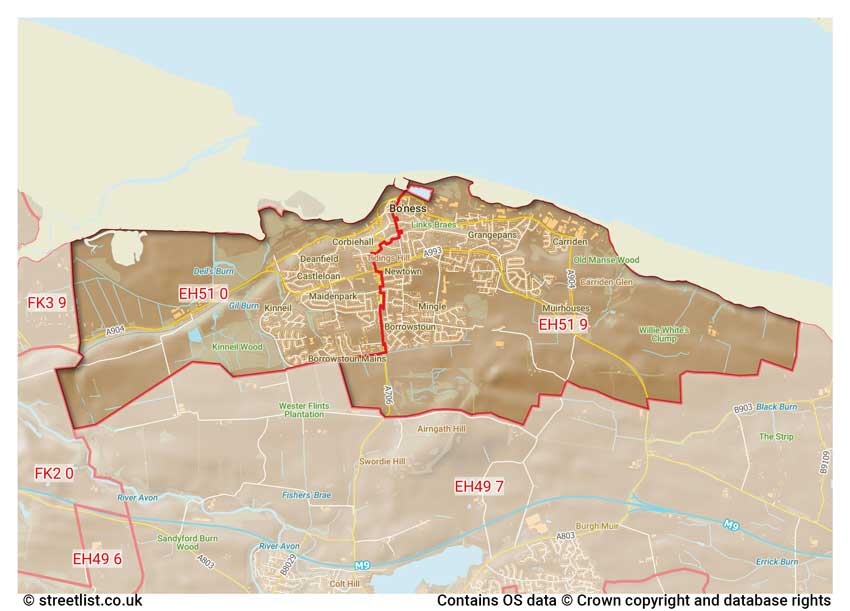 map showing postcode sectors within the EH51 district