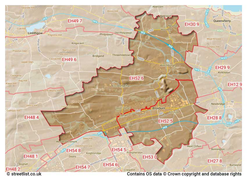 map showing postcode sectors within the EH52 district