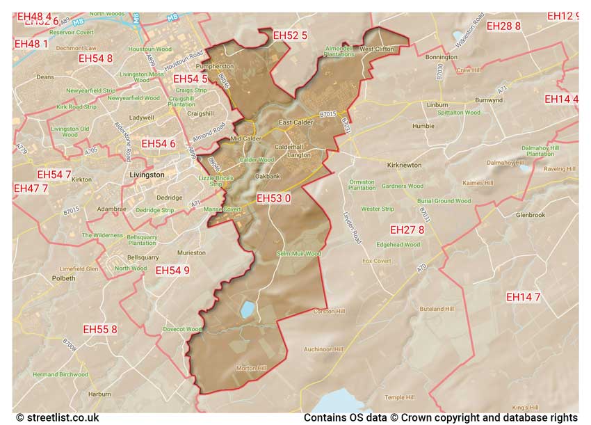 map showing postcode sectors within the EH53 district