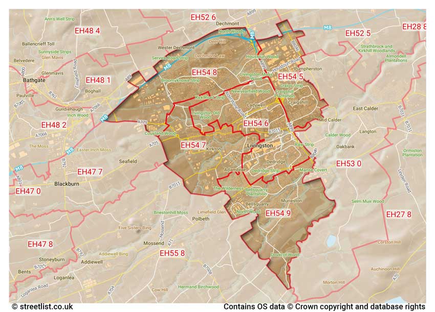 map showing postcode sectors within the EH54 district