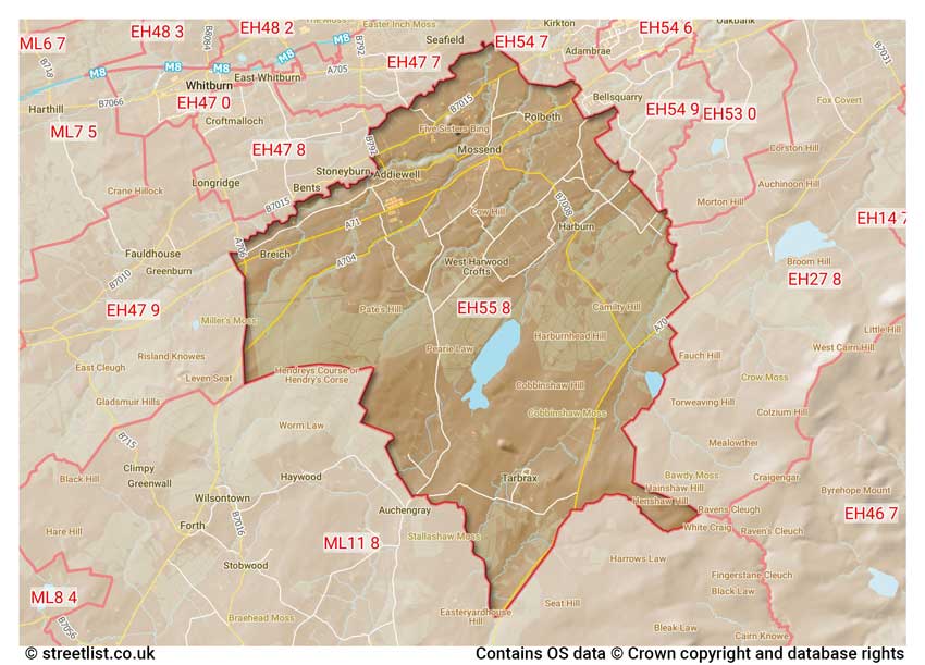 map showing postcode sectors within the EH55 district