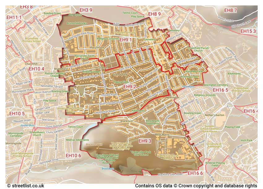 map showing postcode sectors within the EH9 district