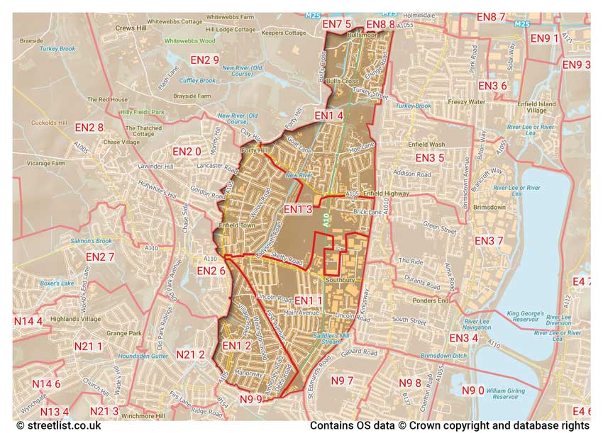 map showing postcode sectors within the EN1 district