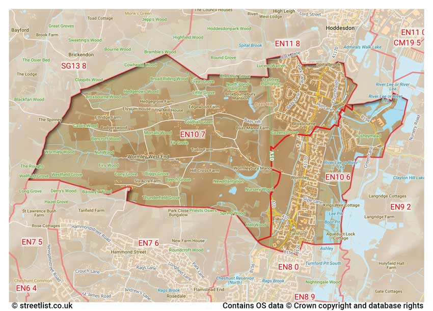 map showing postcode sectors within the EN10 district