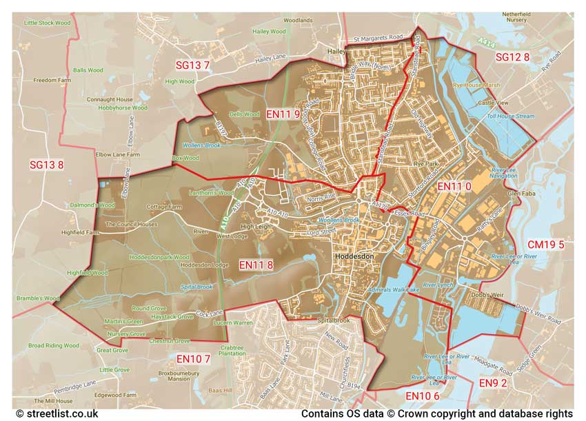 map showing postcode sectors within the EN11 district