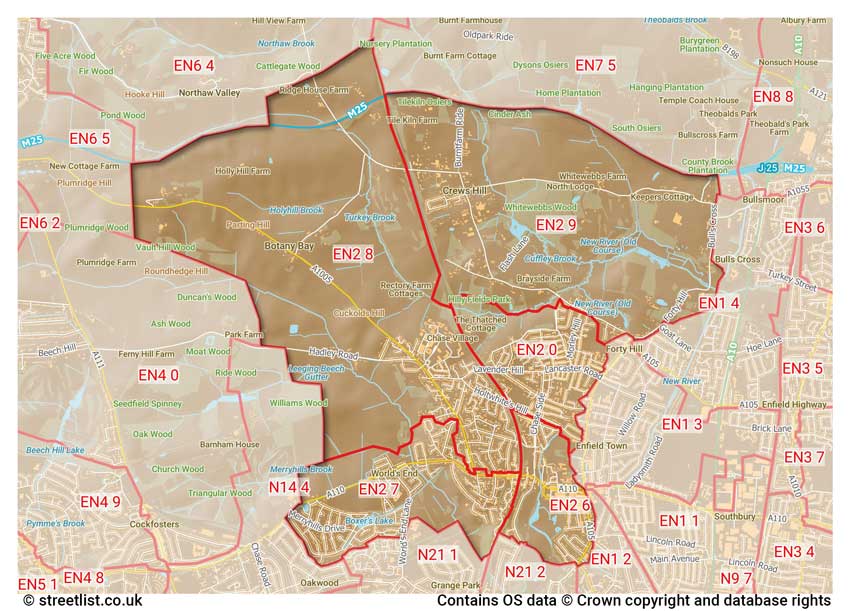 map showing postcode sectors within the EN2 district