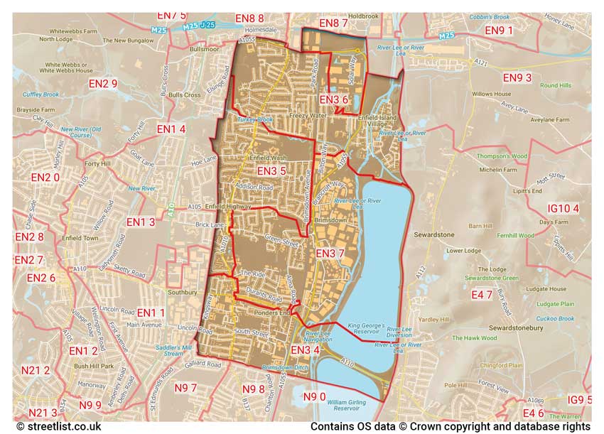 map showing postcode sectors within the EN3 district