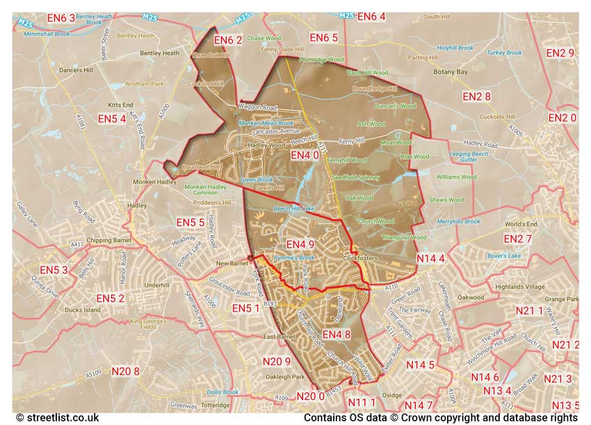 map showing postcode sectors within the EN4 district