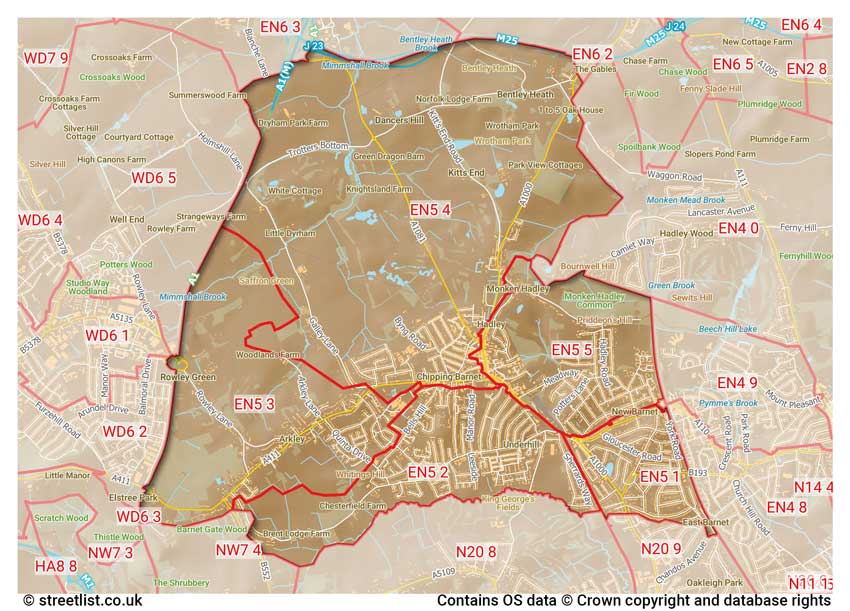 map showing postcode sectors within the EN5 district