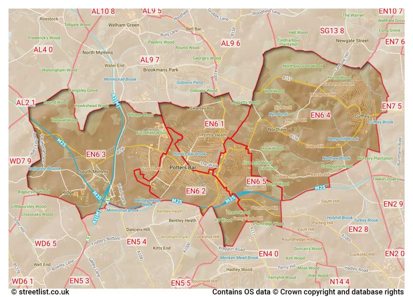 map showing postcode sectors within the EN6 district