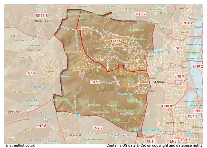 map showing postcode sectors within the EN7 district