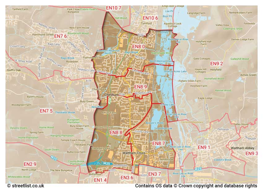 map showing postcode sectors within the EN8 district