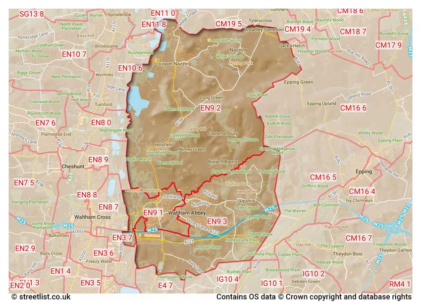 map showing postcode sectors within the EN9 district