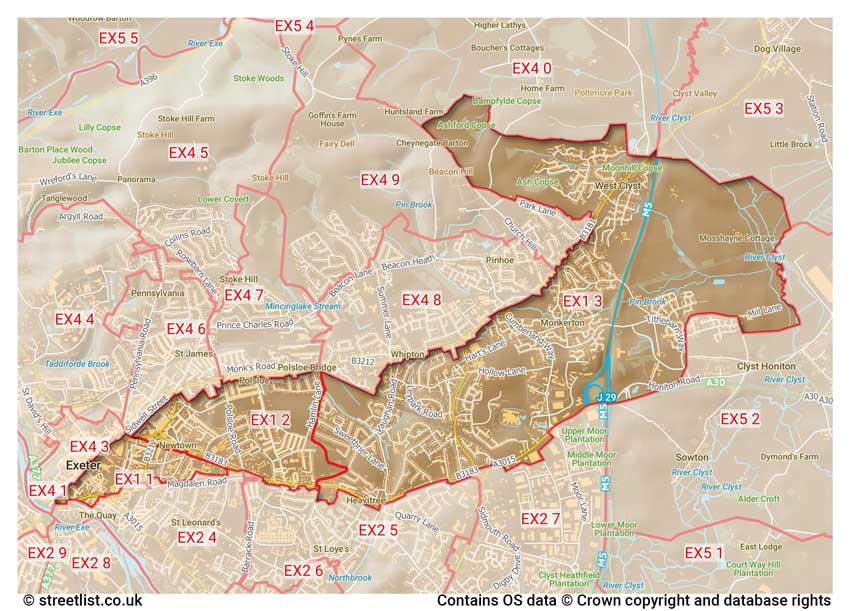 map showing postcode sectors within the EX1 district