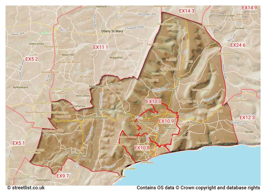 map showing postcode sectors within the EX10 district