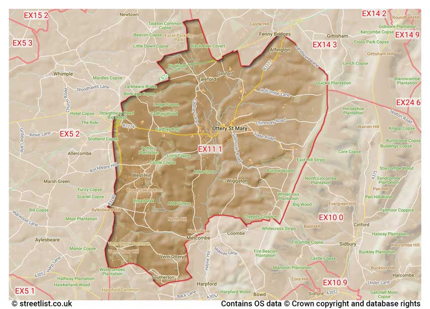 map showing postcode sectors within the EX11 district