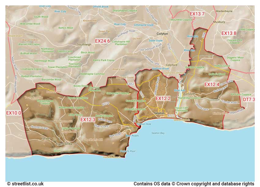 map showing postcode sectors within the EX12 district